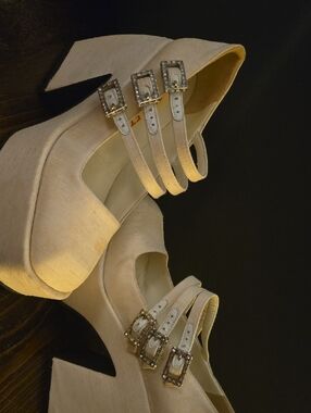 Triple-Strap Cream Platform Mary Jane Heels with Rhinestone Buckles